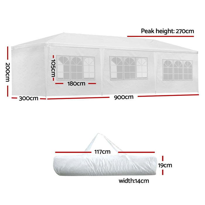 Instahut Gazebo 3x9m Outdoor Marquee side Wall Gazebos Tent Canopy Camping White 8 Panel
